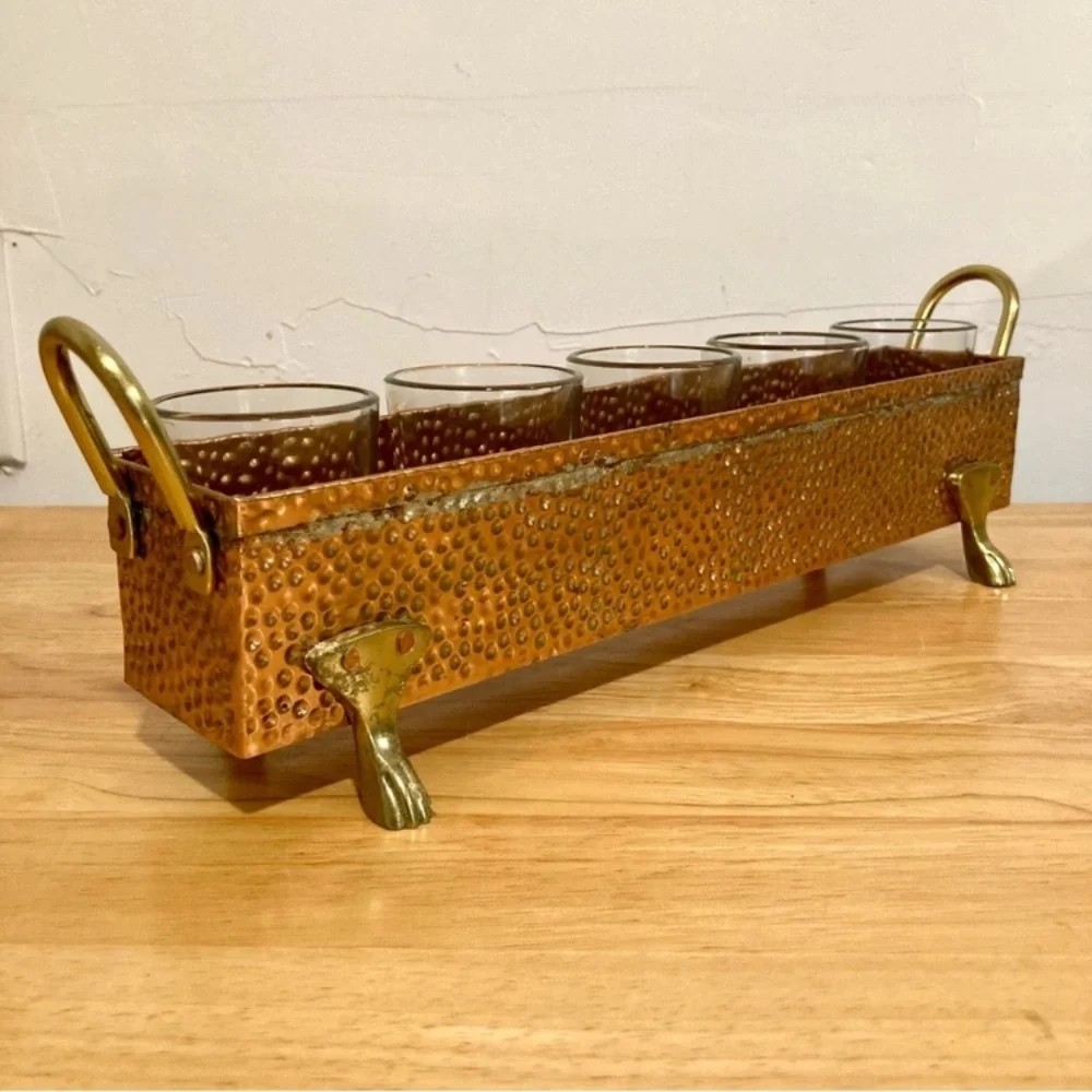 Hammered Metal Footed Container with 5 Glass Votive Holders Used Copper Colored - Picture 13 of 15